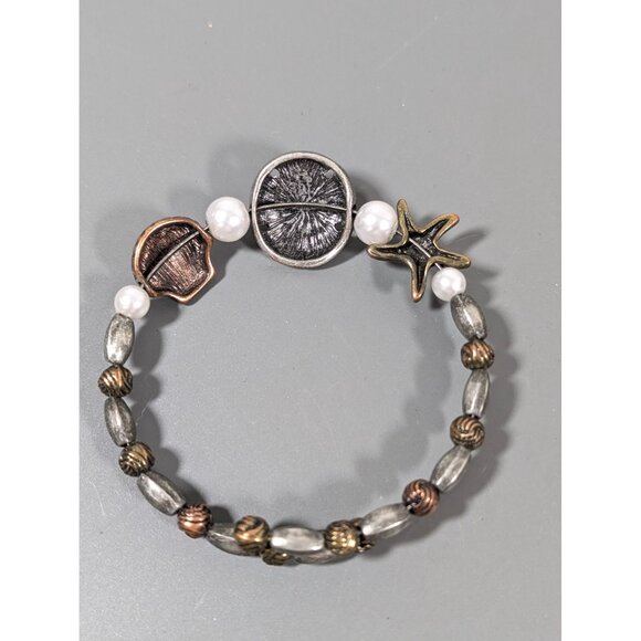 Mixed Metal Beachy Bracelet Sand Dollar Starfish Shell Flex Wire 7" Boho - Picture 7 of 8